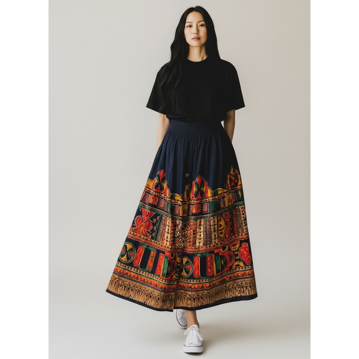 Vintage Carole Little Midi Skirt Sz 14 Black Abstract Ethnic Print Boho Artsy